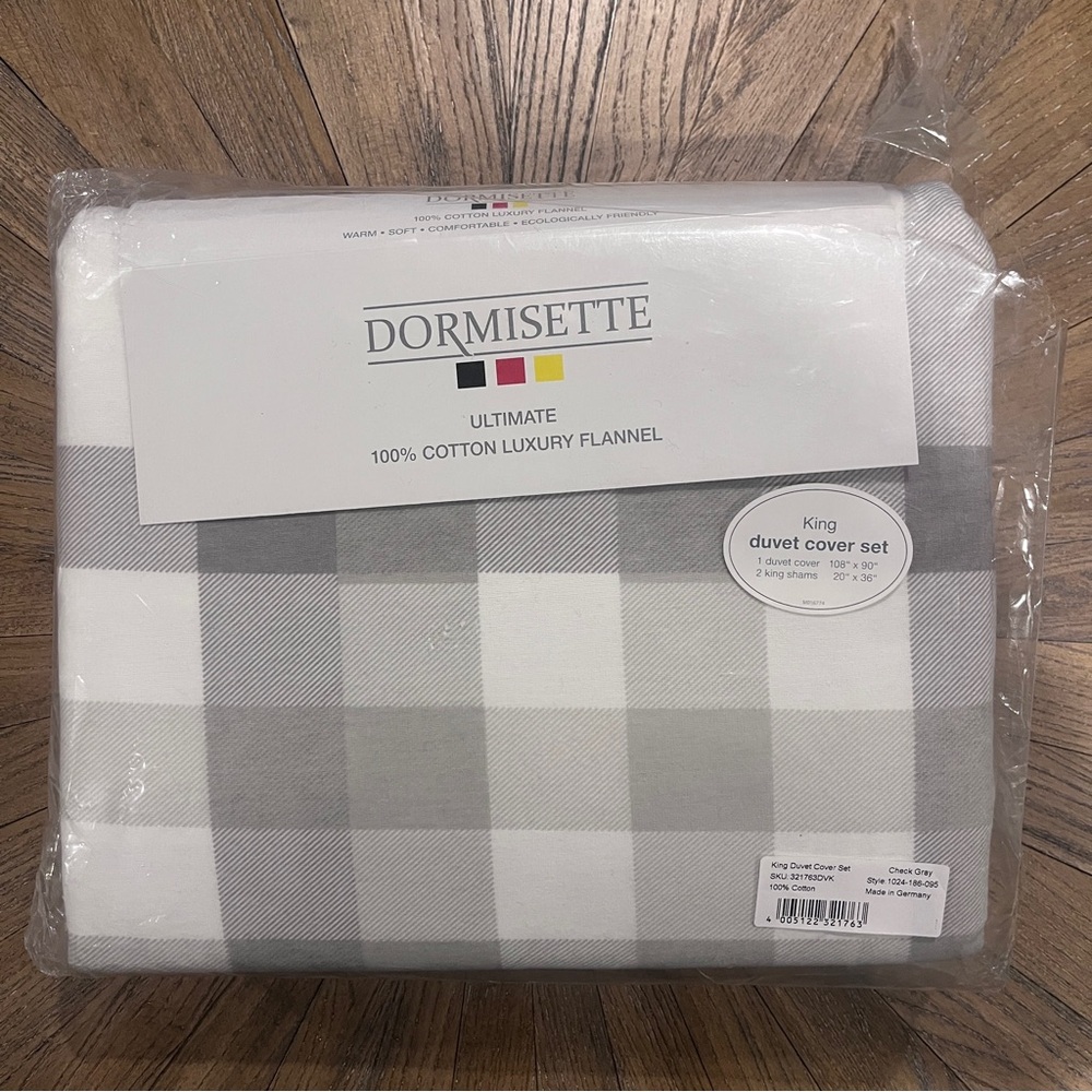 Dormisette German Flannel KING Duvet Cover 3 Piece Set Gray White Check Plaid